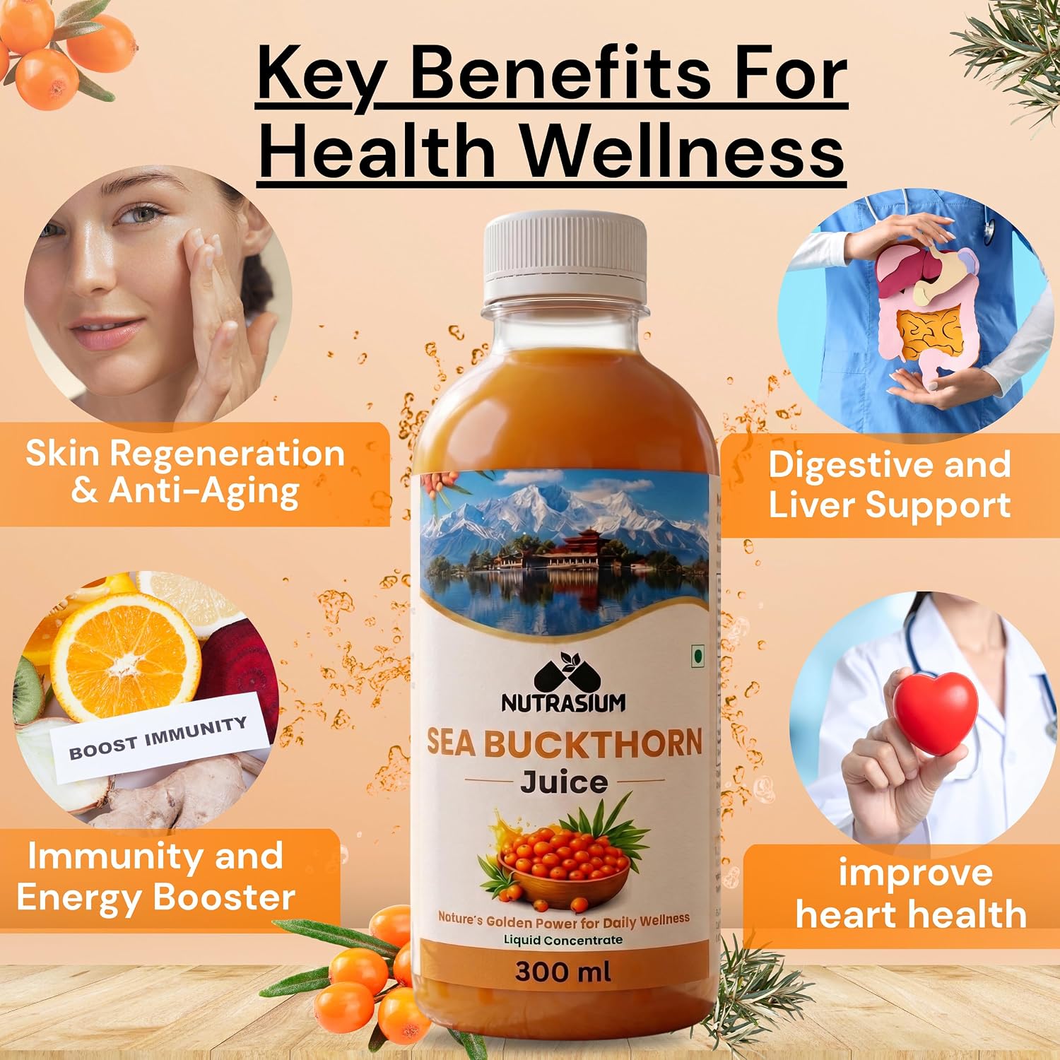 Nutrasium Sea Buckthorn Juice - 300 ml | Pulp Concentrate Made for Your Total Wellness Support |Natural Source of Vitamin C, Omega 3 6 7 9, Antioxidants For Immunity, Skin Glow & Gut Health