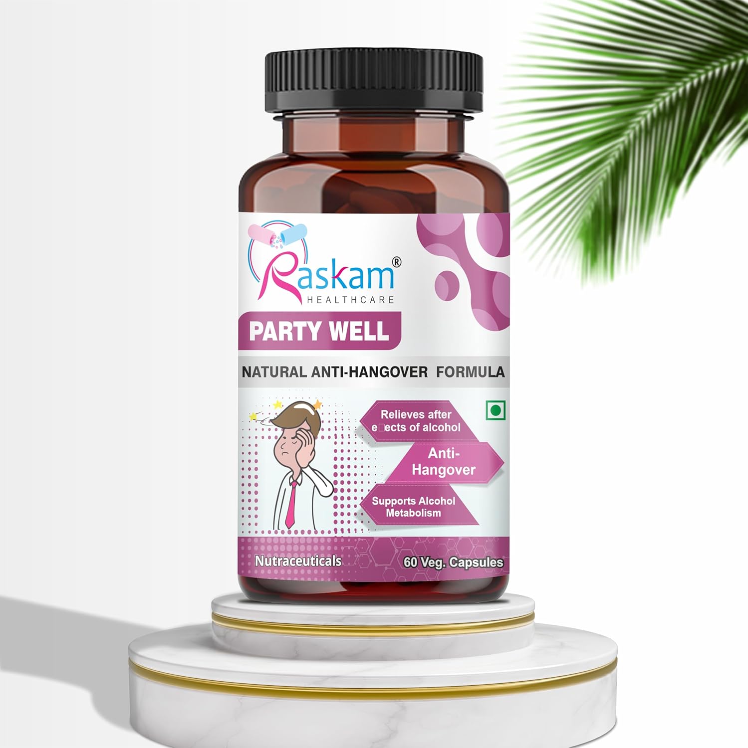 Party Well 60 Capsules- Anti Hangover Formula- Prevents hangover & Helps Support liver. Herbal Solution, Safe, Effective & Clinically Proven