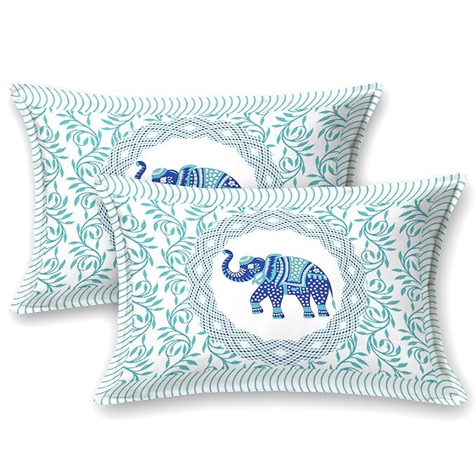 Colorish Jaipuri Traditional Elephant Printed Cotton Blend Bed Sheet With 2 Pillow Covers | Spectral Blue
