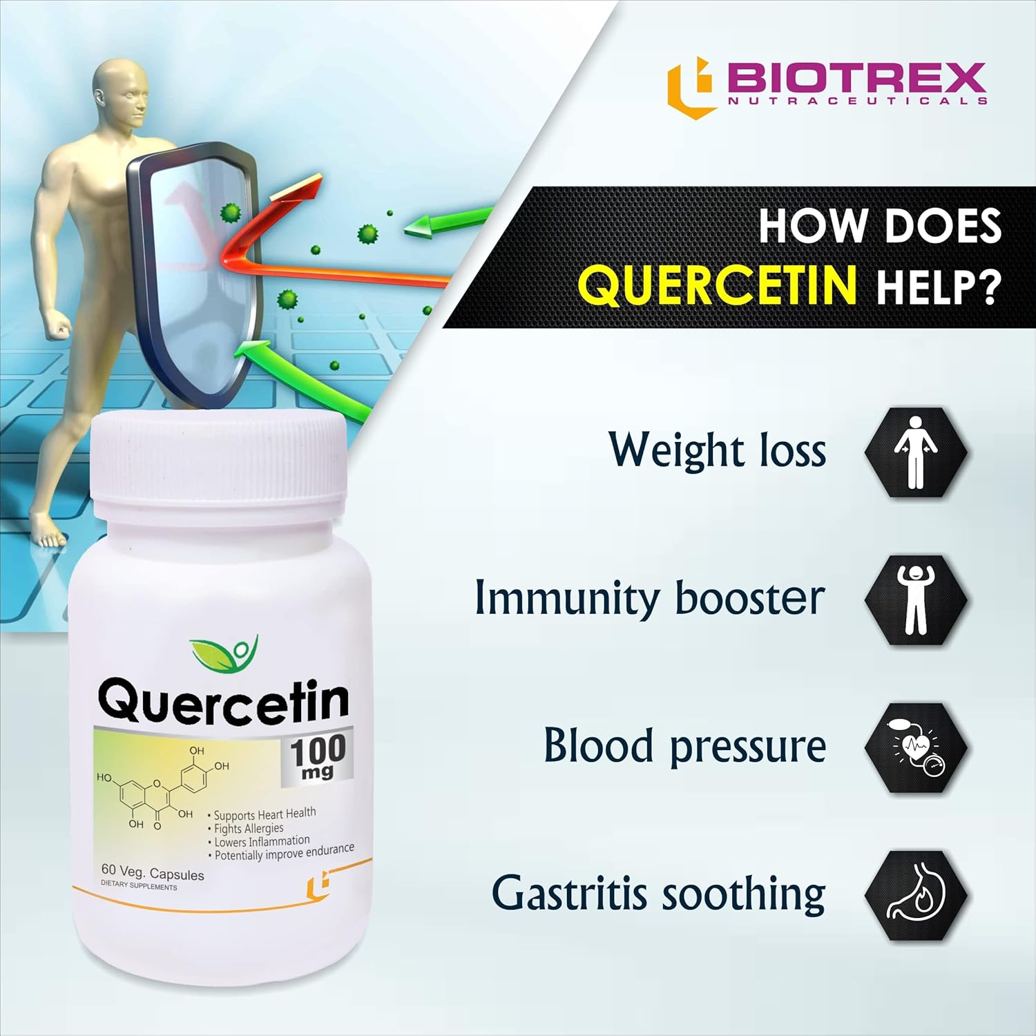 Biotrex Nutraceuticals Quercetin 100mg | Supports Energy, Brain & Heart Health | Antioxidant | Cardiovascular & Respiratory Health â€“ 60 Veg Capsules