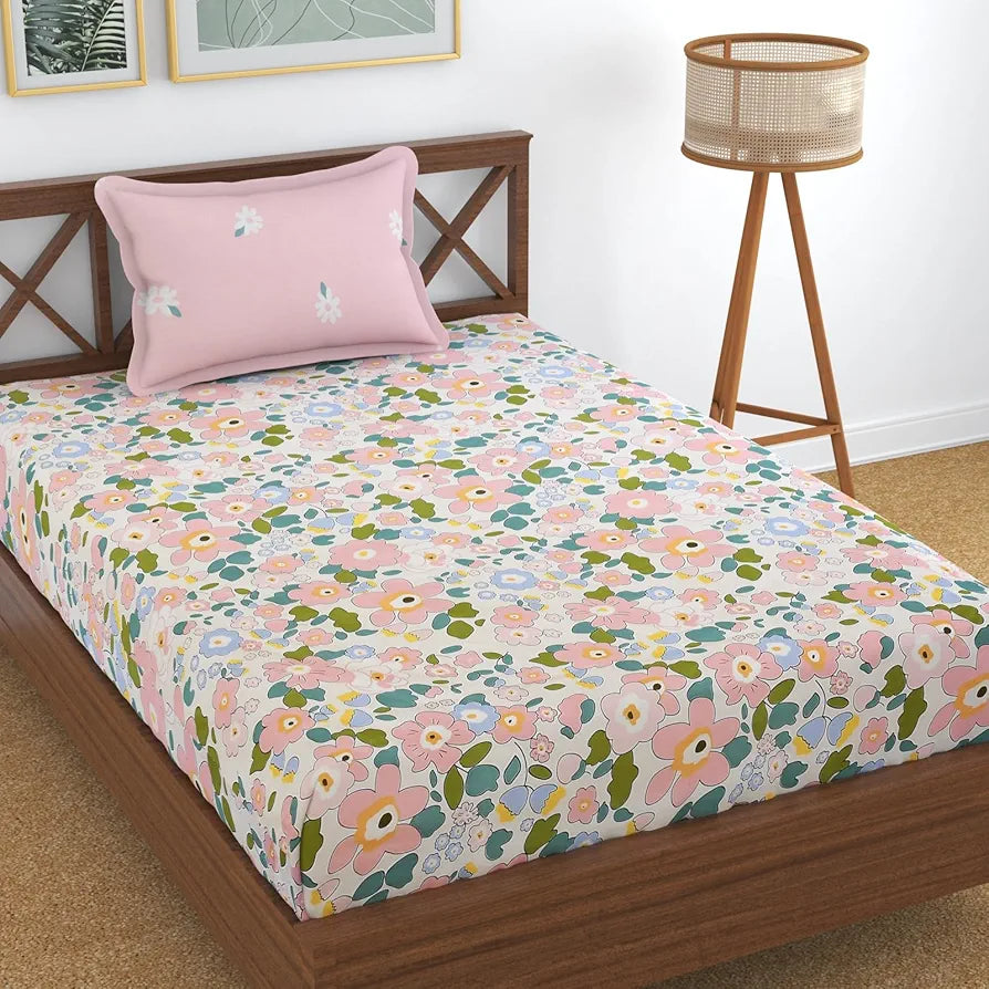 Homefab India 210 TC Glace Cotton Single BedSheet with 1 Pillow Cover Floral Pink