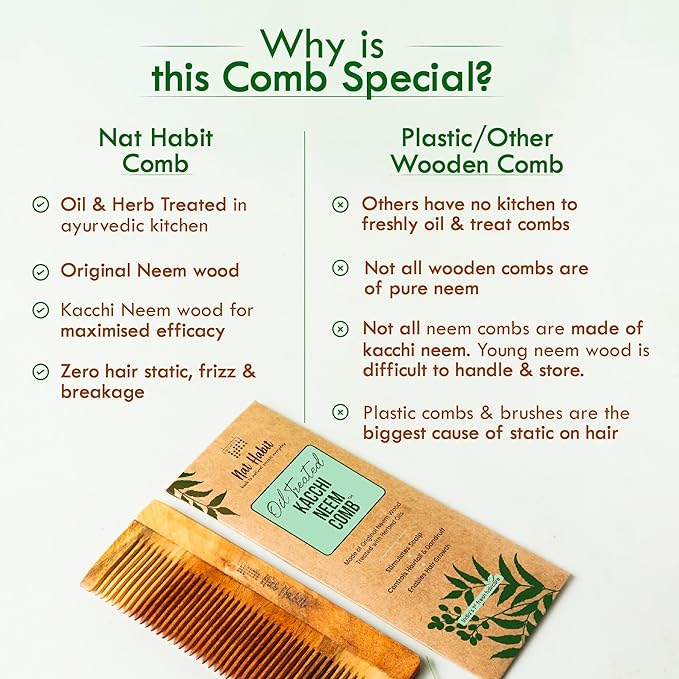 Nat Habit Kacchi Neem Comb Fine Tooth Styling & Wide Tooth Shampoo Combo, Soaked in 17 Herbs | Large Size