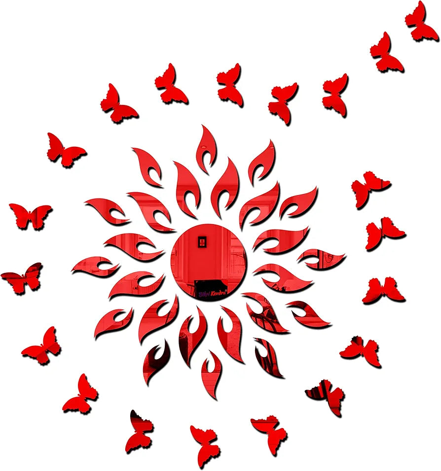 Bikri Kendra Art BK162, Sun red with 20 red Butterfly - 3D Acrylic Mirror Stickers for Wall