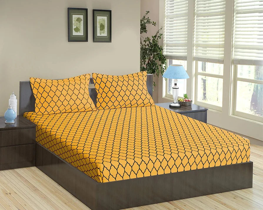Trance Home Linen 200TC 100% Cotton 78"x72" Standard King Size Elastic Fitted Bedsheet Printed with 2 Pillow Covers Colour Dori Warm Grey Mustard
