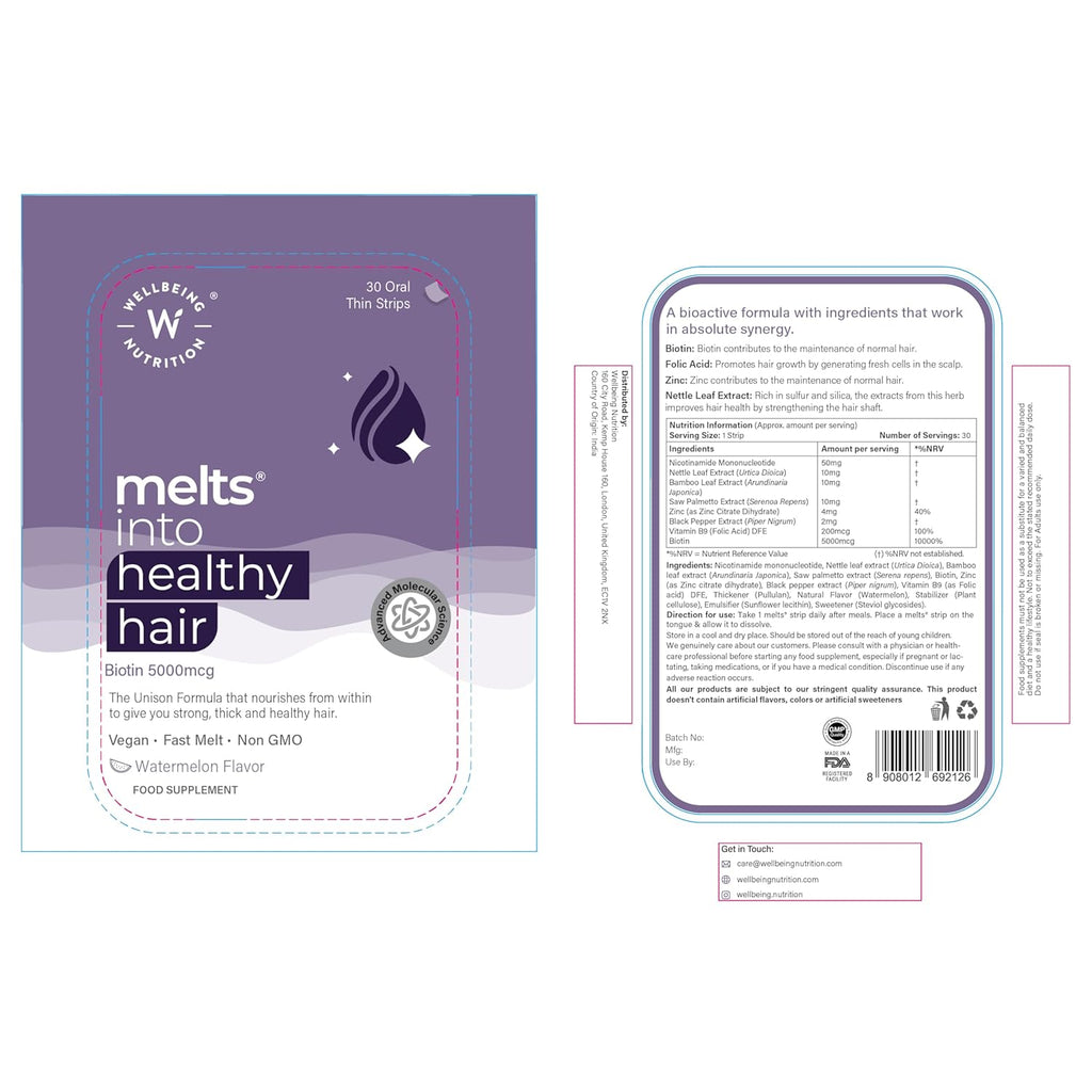 Wellbeing Nutrition Melts Healthy Hair | Plant Based Biotin for Hair Nourishment, Strength and Thickness with Zinc, Bamboo Extract, Folic acid (30 Oral Strips)
