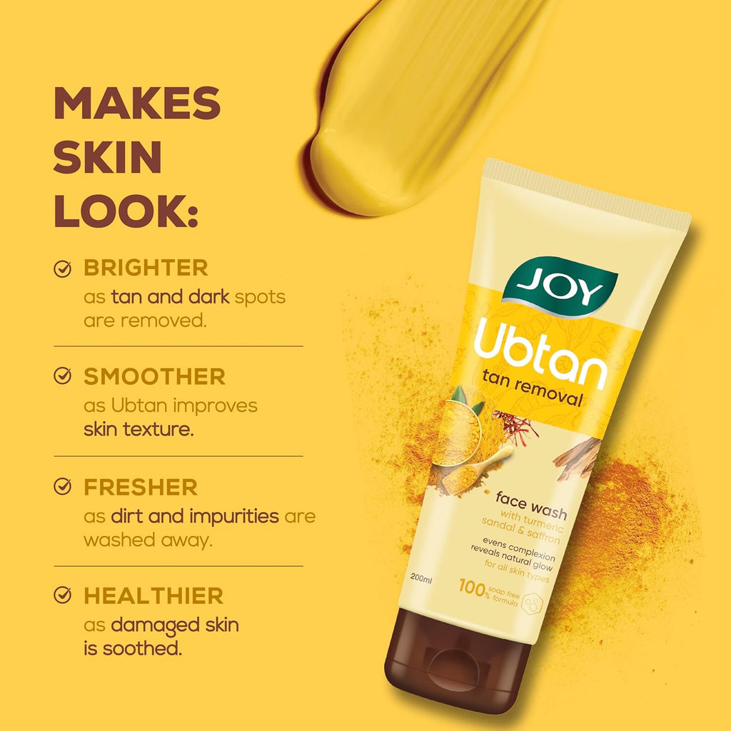 Joy Ubtan Tan Removal Face Wash 200ml | Detans & Brightens, Removes Dirt & Blemishes for a Natural Glowing Skin | Enriched With Turmeric, Saffron & Sandalwood | Suitable for All Skin Types