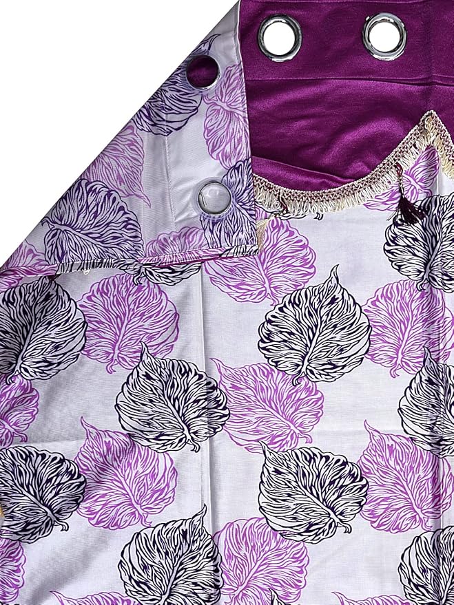 Cortina 2 Piece Leaf Design Panel Eyelet Polyester Door Curtains | 7 Feet | Purple