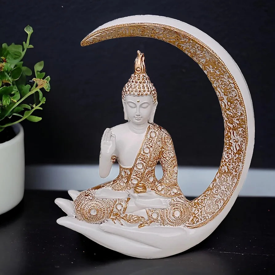 Neelaya Antique Big Meditating Moon Buddha Statue Showpiece Buddha Idol Polyresin Figurine White Gold