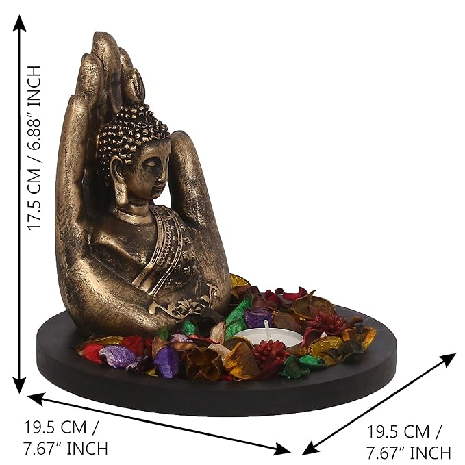 Ecraftindia Copper Finish Handcrafted Palm Buddha Decorative Showpiece With Wooden Base | Fragranced Petals and Tealight