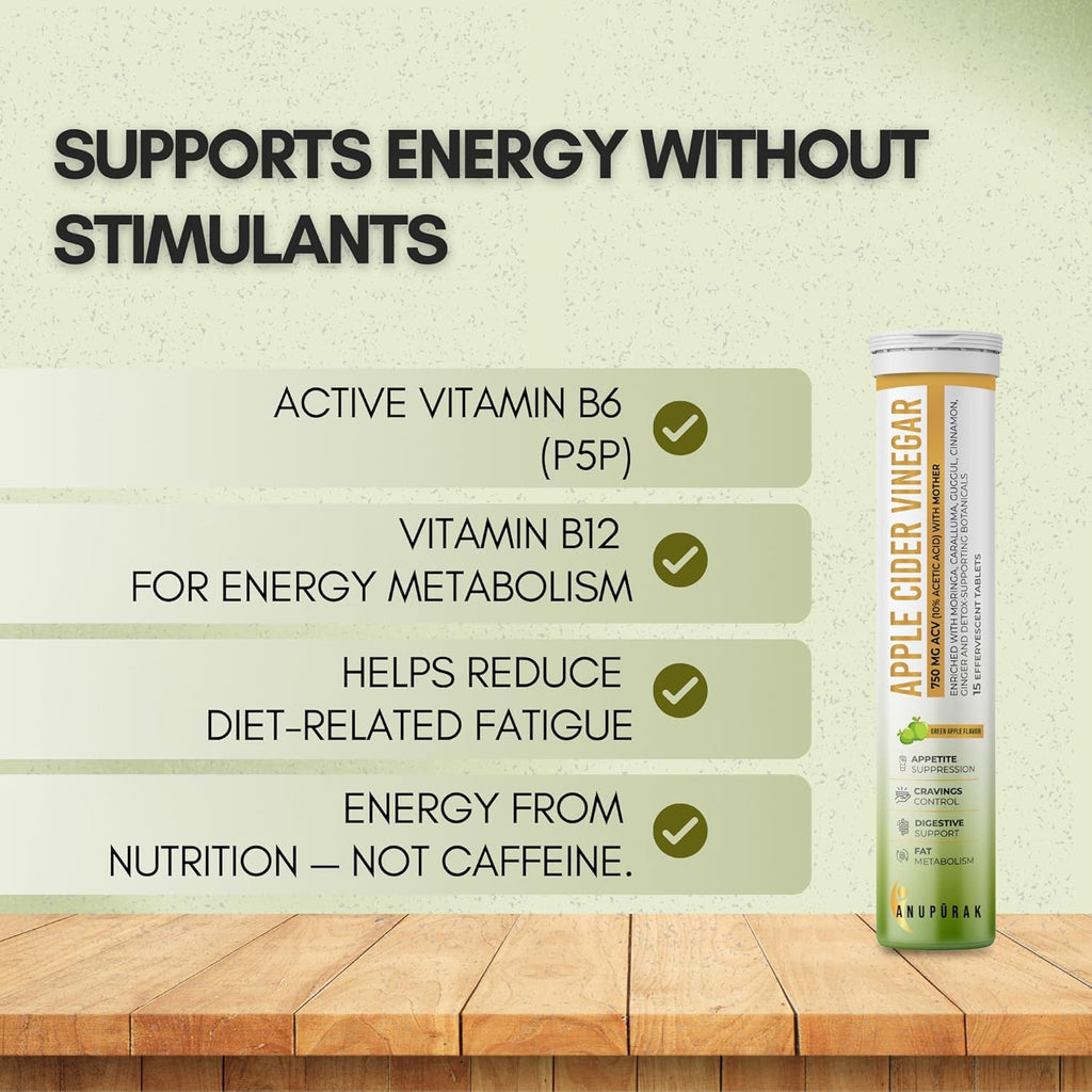 ANUPURAK ACV Effervescent Tablets — 750mg Apple Cider Vinegar with Mother | 11 Actives with Caralluma, Moringa & Ceylon Cinnamon | Appetite, Digestive & Metabolic Balance | Green Apple | 15 Tablets (Pack 1)