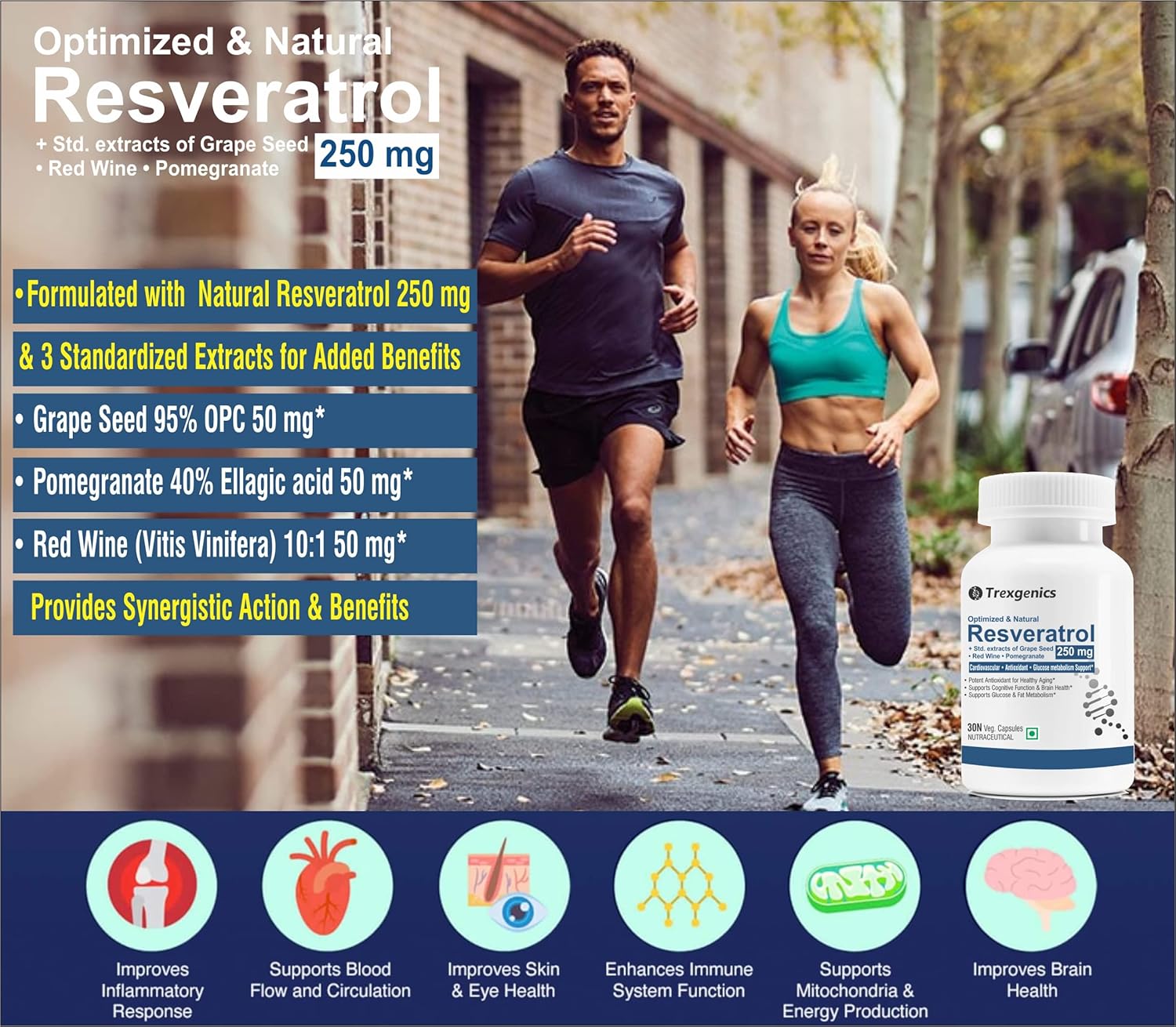 Trexgenics Natural RESVERATROL 250 mg + Grape Seed OPC, Pomegranate Ellagic acid, Red Wine Cardiovascular Health, Antioxidant & Glucose Metabolism VEGAN & NON-GMO (30 Veg. Capsules) (Pack of 1)