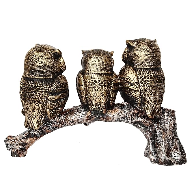 Ecraftindia 3 Owl Sitting on Branch Antique Finish Handcrafted Polyresin Decorative Showpiece