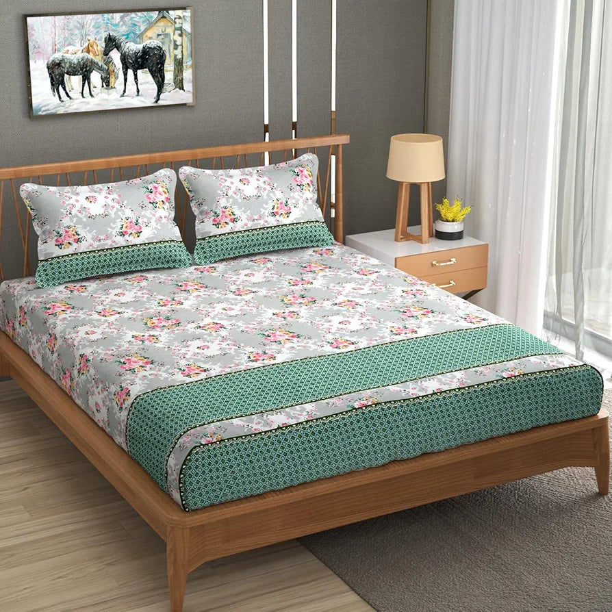 Homefab India 180 TC Microfiber Double BedSheet with 2 Pillow Covers Green Grey Floral