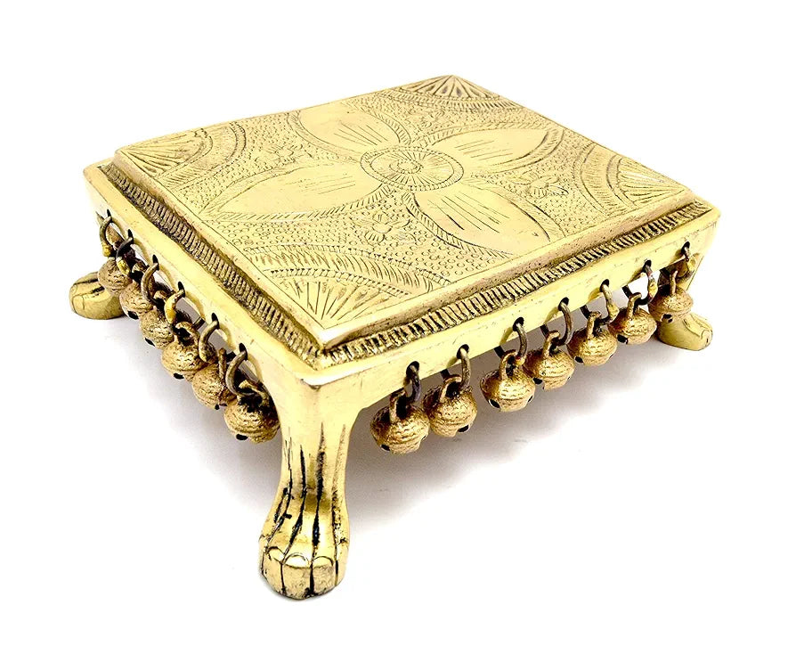 Two Moustaches Ethnic Indian Carving Design 7 Inches Brass Chowki with Bells