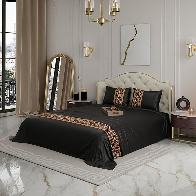 Stoa Paris Solid Bedsheets For Double Size Bed 300 Threadcount Satin Bedsheet Set Colour Black-Gold