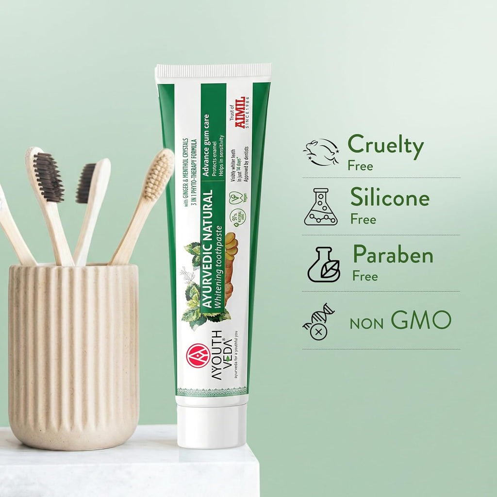 Ayouthveda Ayurvedic Natural Whitening Toothpaste | Plant-Based Formula with Ginger, Mint, Papaya & Pomegranate | Plaque & Tartar Control | Gum Comfort, Enamel Care & Fresh Breath | 100g (Pack of 1)