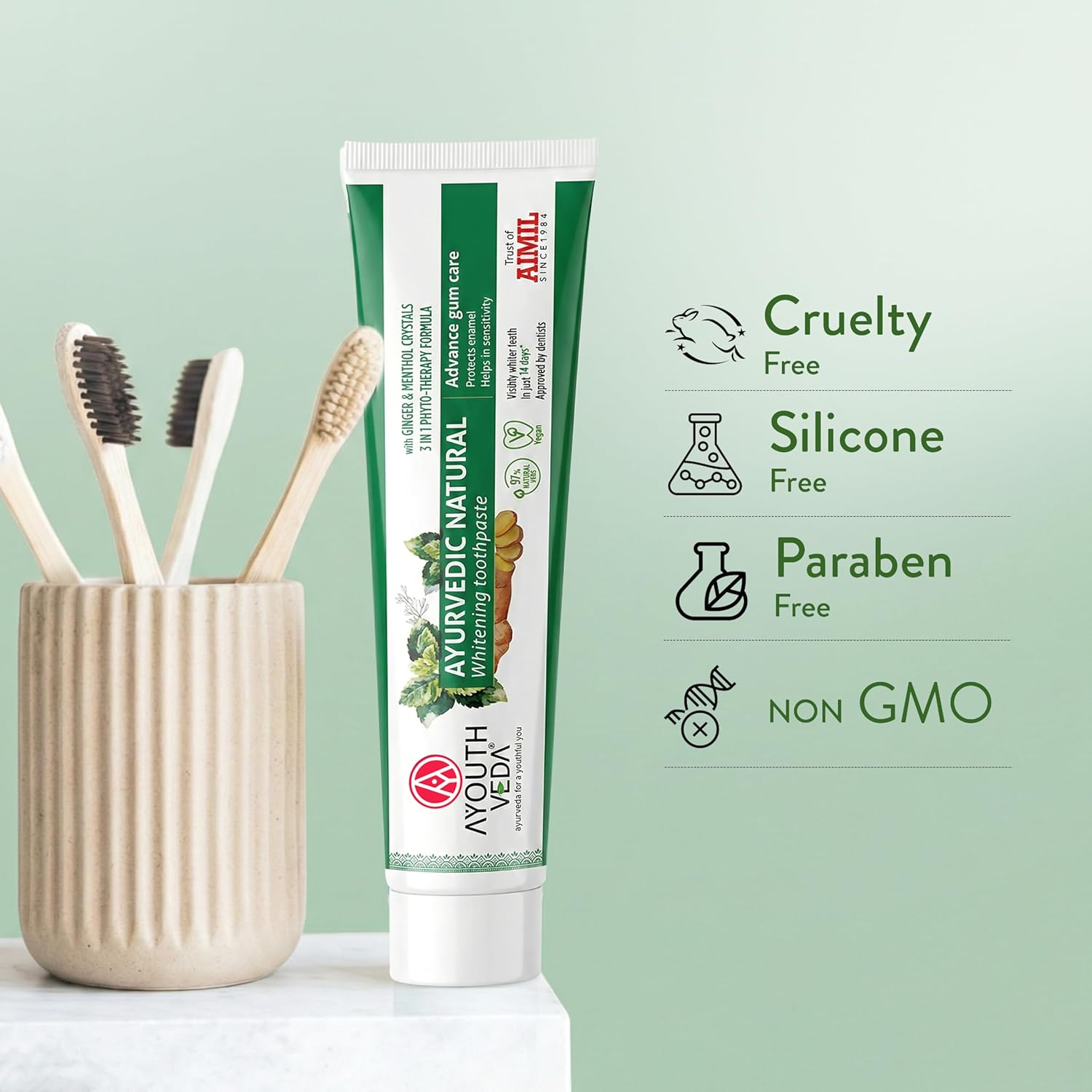 Ayouthveda Ayurvedic Natural Whitening Toothpaste | Plant-Based Formula with Ginger, Mint, Papaya & Pomegranate | Plaque & Tartar Control | Gum Comfort, Enamel Care & Fresh Breath | 100g (Pack of 1)
