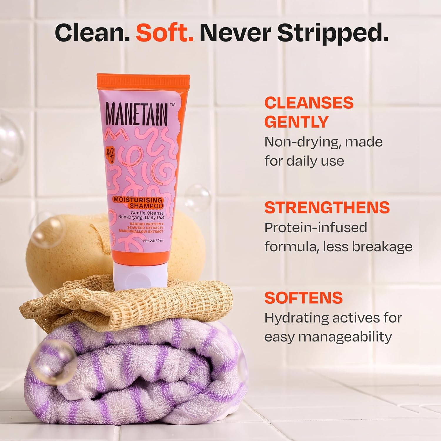 MANETAIN Moisturising Shampoo 50ml for Curly, Dry & Frizzy Hair | Sulphate & Paraben Free | Hydrates & Strengthens with Baobab Protein, Seaweed & Marshmallow Extract | CG-Friendly, Gentle Cleanser for Soft, Defined Curls