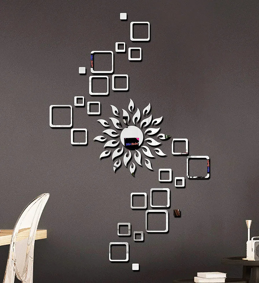 Bikri Kendra Glass Sun Silver Square Decorative Mirror Stickers for Wall 4 Set 3D Acrylic Stickers