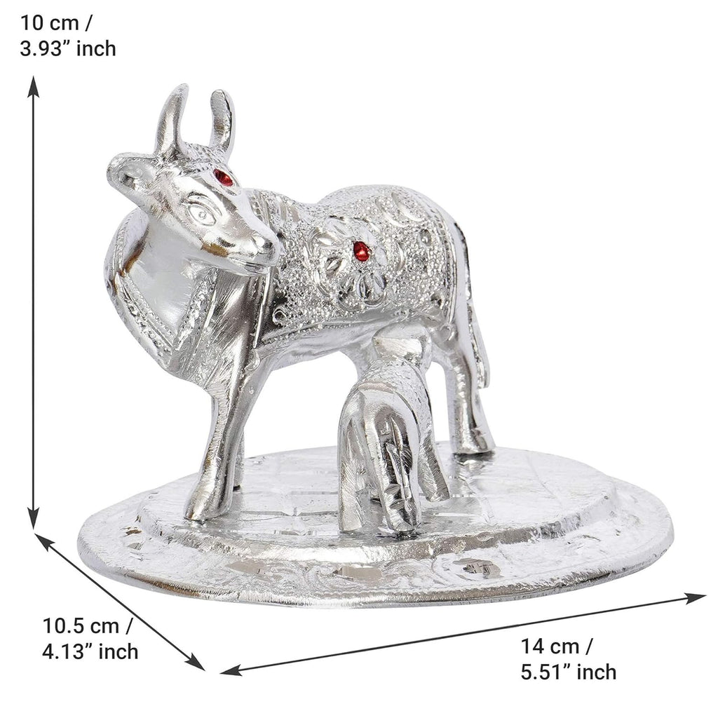Ecraftindia Premium White Metal Decorative Kamdhenu Cow With Calf Figurine
