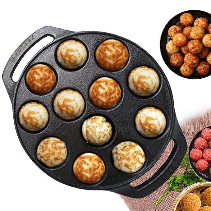 Solara Pre Seasoned Cast Iron Paniyaram Pan 12 Cavities 20 Cm Appam Patra, Paniyarakkal Pan | Cast Iron Cookware