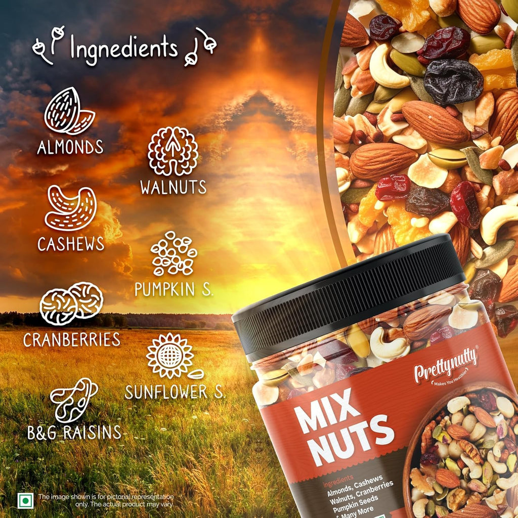 PrettyNutty Healthy Nutmix 250g, Dried Almonds, Black Raisins, Cashewnuts, Cranberries, Green Raisins, Walnut Kernels & Many More.