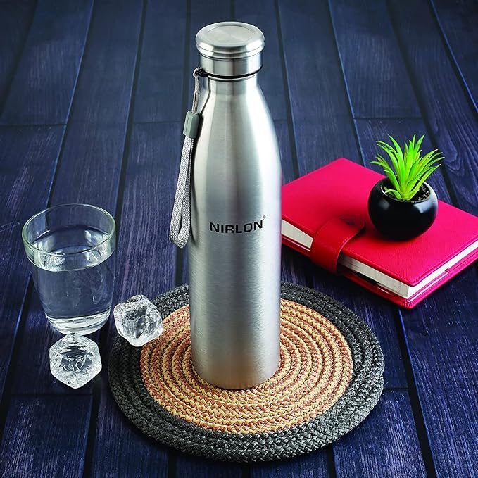 Nirlon Stainless Steel Single Wall Plain Water Bottle With String | Fridge Refrigerator Bottle - 1000 ml