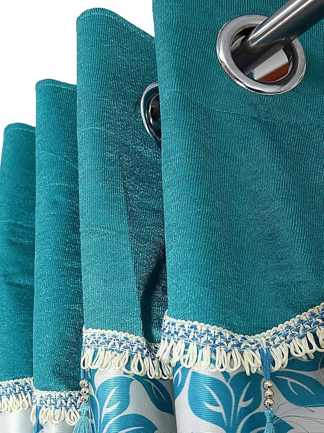 Cortina 2 Piece Floral Design Panel Eyelet Polyester Door Curtains | 7 Feet | Blue