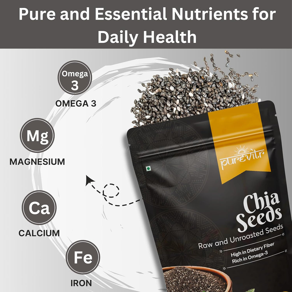 Purevitr Chia Seeds | 200g | Raw Chia Seeds for eating | Protein Rich Superfood | Immunity Booster, High in Calcium, Fiber & Antioxidants | Healthy Snacks | No Preservatives (Pack of 1)