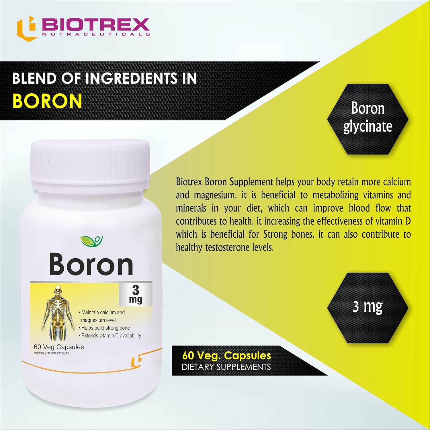 Biotrex Boron 3mg | Build Strong Bones | Improve Muscle Coordination | 60 Veg Capsules