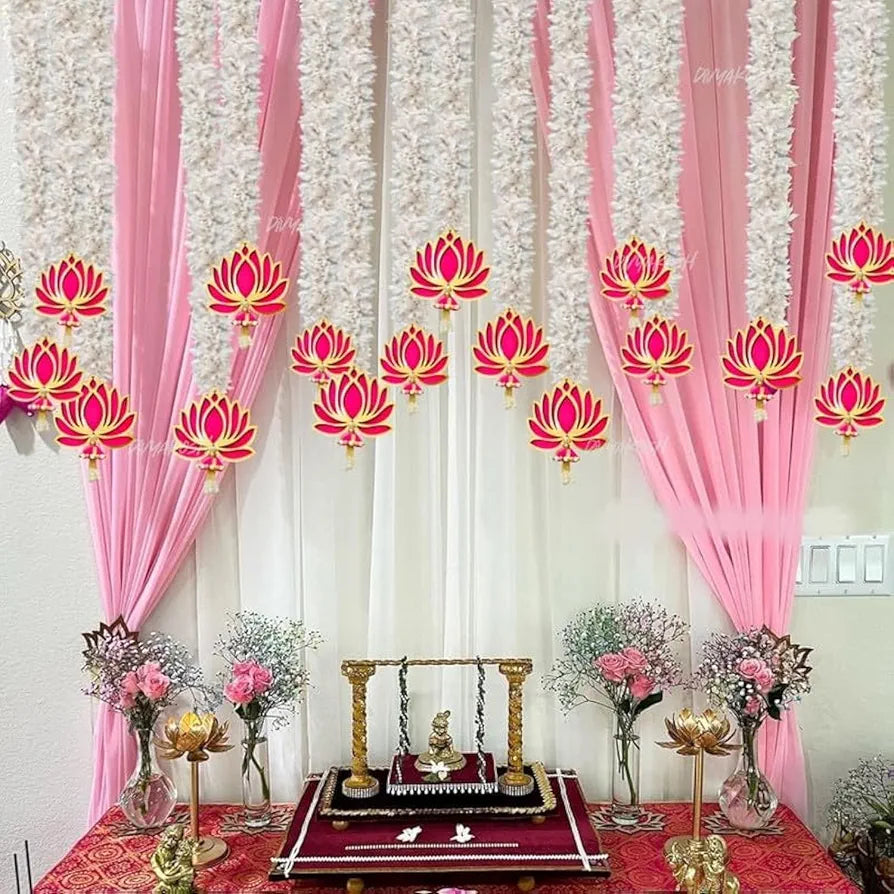 Wood Lotus Hanging 7 Pcs With White Artificial Flowers 3 Ft Each Handmade Wall Decoration Lotus hanging