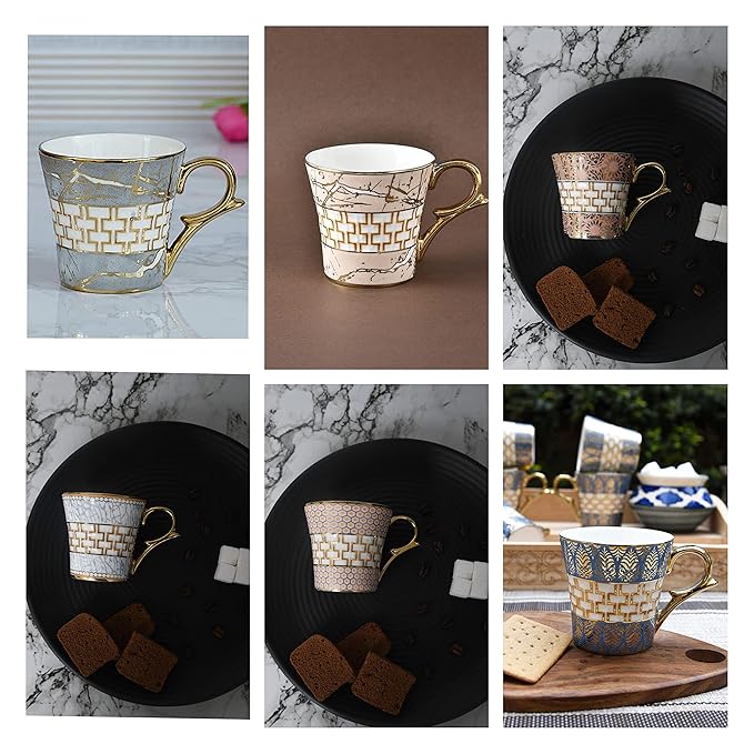 Femora Indian Ceramic Pink Gold Line Tea Cup | 6 Pieces | 155 Ml | Not Microwave Safe