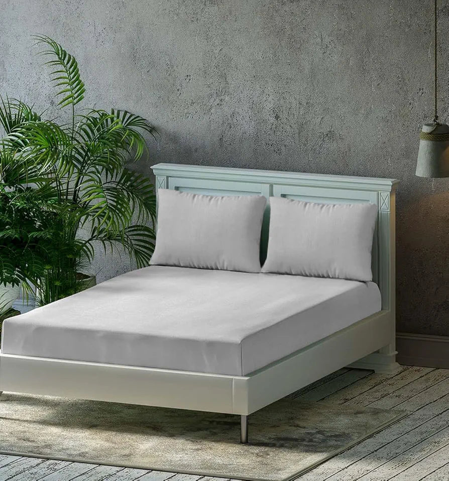 Trance Home Linen Premium 300 TC Pure 100% Cotton King Fitted Bedsheet with 2 Pillow Covers Colour Silver Grey