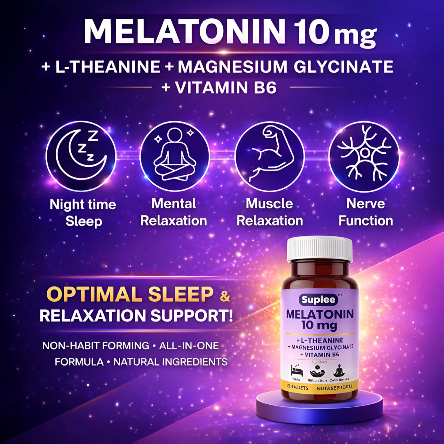 Suplee Melatonin 10mg (60 Tablets) with L-Theanine, Magnesium Glycinate & Vitamin B6 - Night Time Sleep Support Supplement - Helps with Deep Sleep & Mental Relaxation - Non-Habit Forming