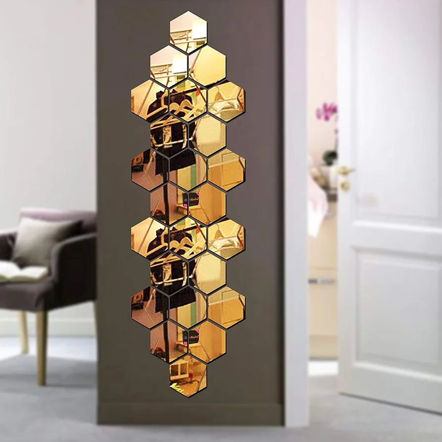 Bikri Kendra Plastic Hexagonal 24 Golden Mirror Stickers for Wall Acrylic Mirror Wall Decor Sticker Acrylic Stickers