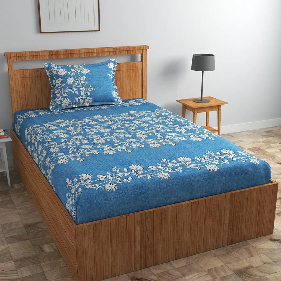 Homefab India 160 TC Glace Cotton Single BedSheet with 1 Pillow Cover Blue Floral