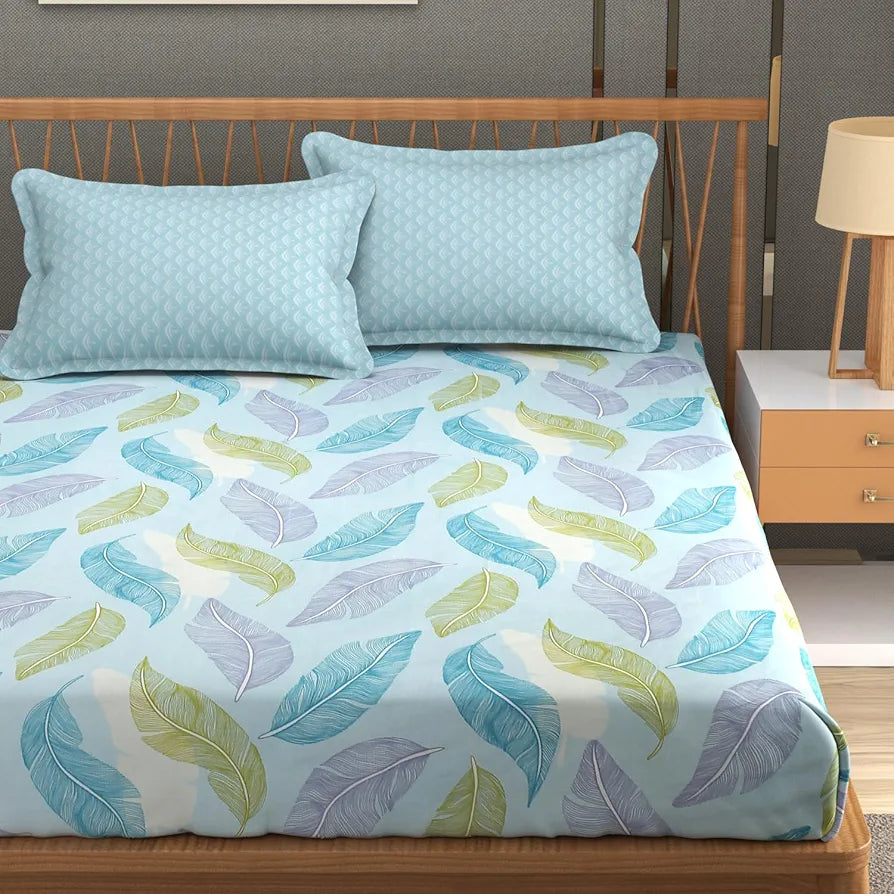 Fresh From Loom Microfiber Soft Cotton Queen Size Bedsheet for Double Bed 200 TC Hypoallergenic Soft Bed Sheet with 2 Pillow Cover Aqua Pankh