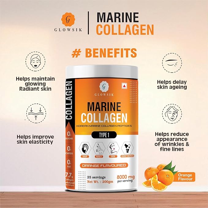Glowsik Korean Marine Collagen Powder | Marine Collagen Supplements for Women and Men - 400 Gms | Oranges