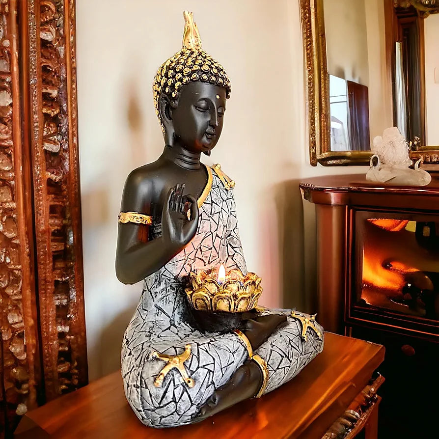 Neelaya Meditating Buddha Statue With Tealight Holder Polyresin Showpiece 28 Cm Black Grey