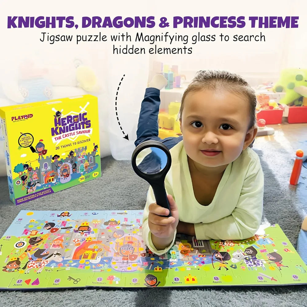 Playqid Learn to Count Numbers 1-20 Knights & Dragons Jigsaw Floor Puzzle for Kids Age 2-5 Years Fairytale Princess Castle Hidden Pictures
