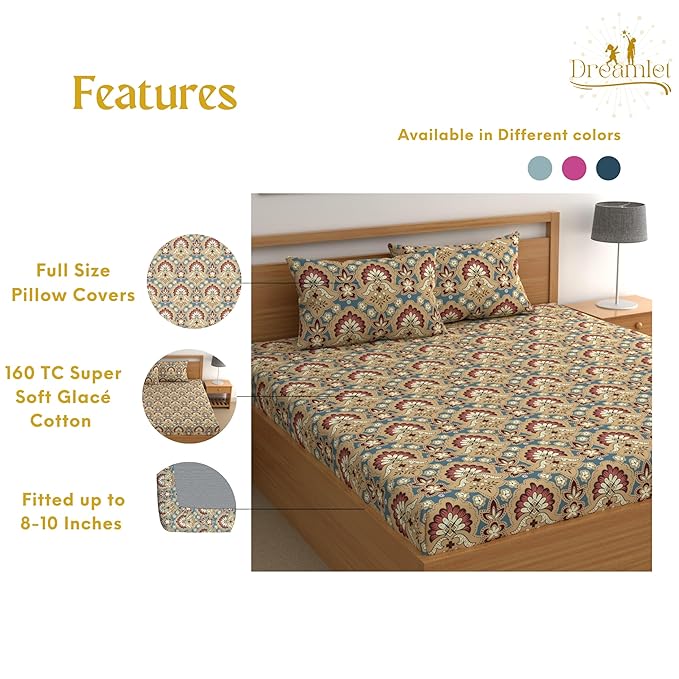 Dreamlet Bedsheet for Double Bed Elastic Fitted Bedsheet 180tc Glace Cotton Bedsheet With 2 Pillow Covers Brown Multi