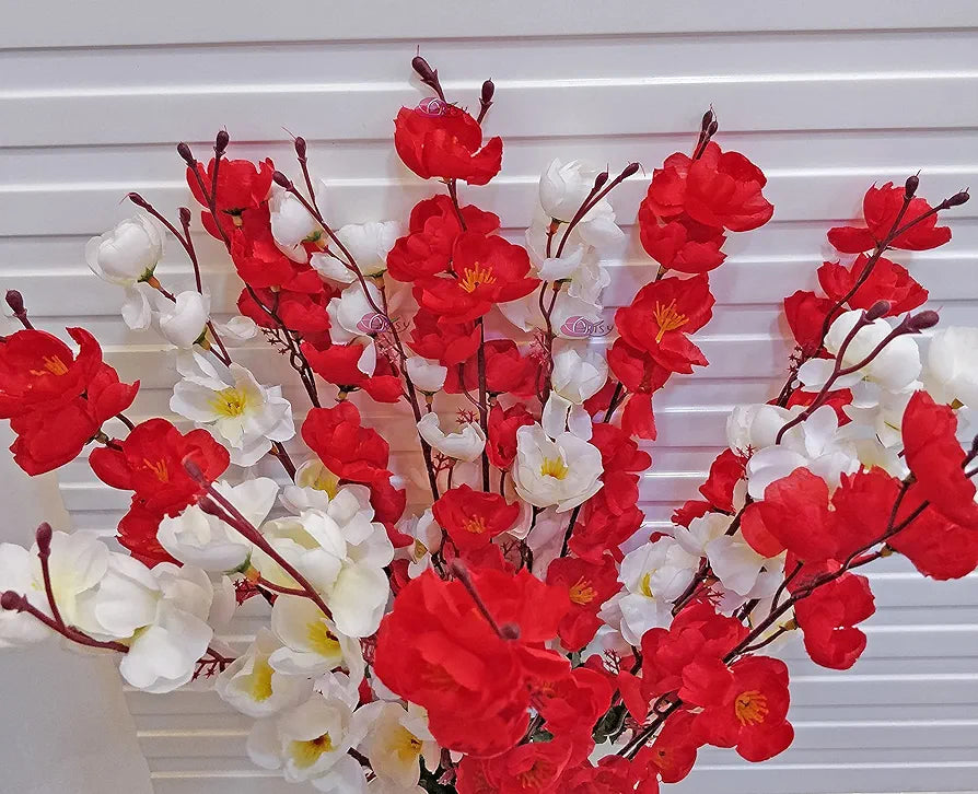 Artificial Flowers Bunch For Decoration Cherry Blossom Ideal for vase Without Vase White Red