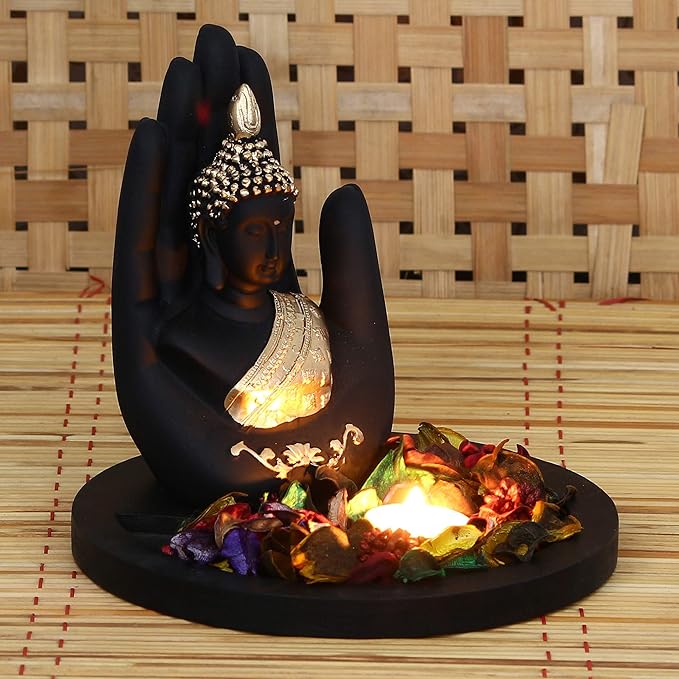 Ecraftindia Black and Golden Polyresin Palm Buddha Statue With Wooden Base | Fragranced Petals Tealight Holder