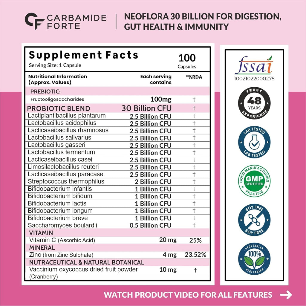 Carbamide Forte Probiotics Supplement 30 Billion for Women & Men - 100 Veg Capsules (Pack of 2)