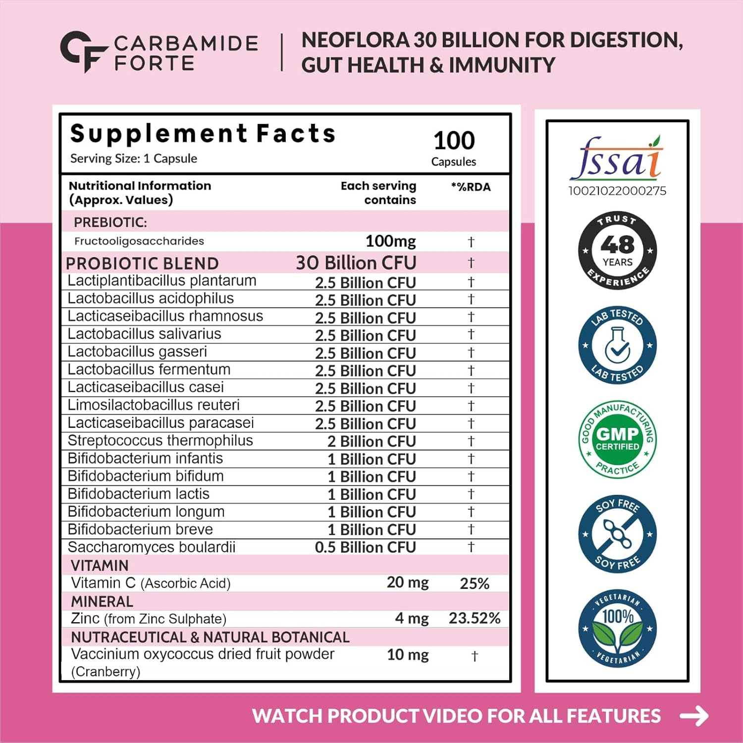 Carbamide Forte Probiotics Supplement 30 Billion for Women & Men - 100 Veg Capsules (Pack of 2)