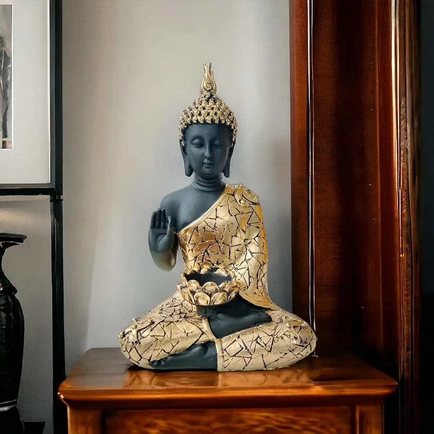 Neelaya Meditating Buddha Statue With Tealight Candle Holder Polyresin Showpiece 28 Cm Black Gold