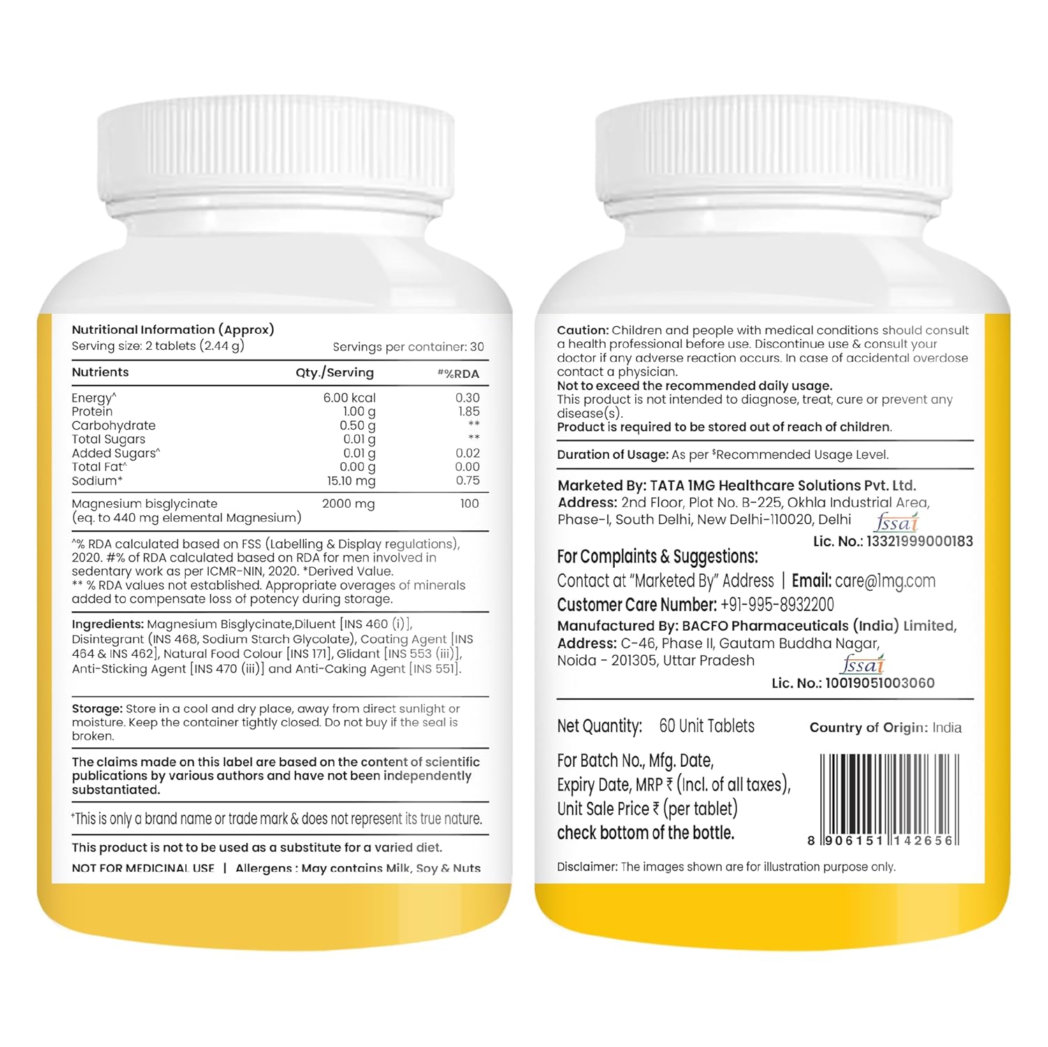 Tata 1mg Magnesium Glycinate Tablets |2000mg | High Absorption Chelated form for Muscle Recovery, Sleep & Nerve Health | 2000mg Per Serving â€“ 60 Veg Tablets