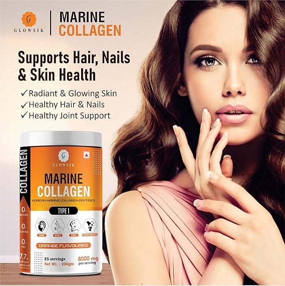 Glowsik Korean Marine Collagen Powder | Marine Collagen Supplements for Women and Men | Skin Radiance Collagen - 200 Grams, Oranges