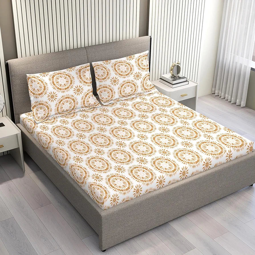 Layers Home Easy Cotton Bedsheet Set for All Seasons Lightweight 144 TC Queen Size Beige Printed