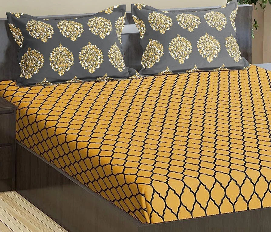 Trance Home Linen 200TC 100% Cotton 78"X60" Standard Queen Size Elastic Fitted Bedsheet Printed Queen Bed Size with 2 Pillow Covers Queen Colour Dori&Damask-Warm Grey Mustard
